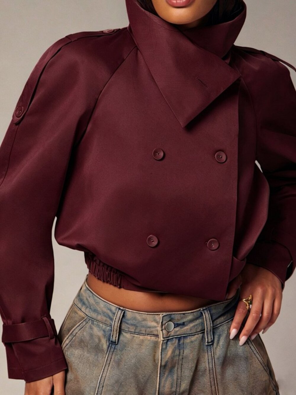 Burgundy Casual Women's Double Button Trench Coat